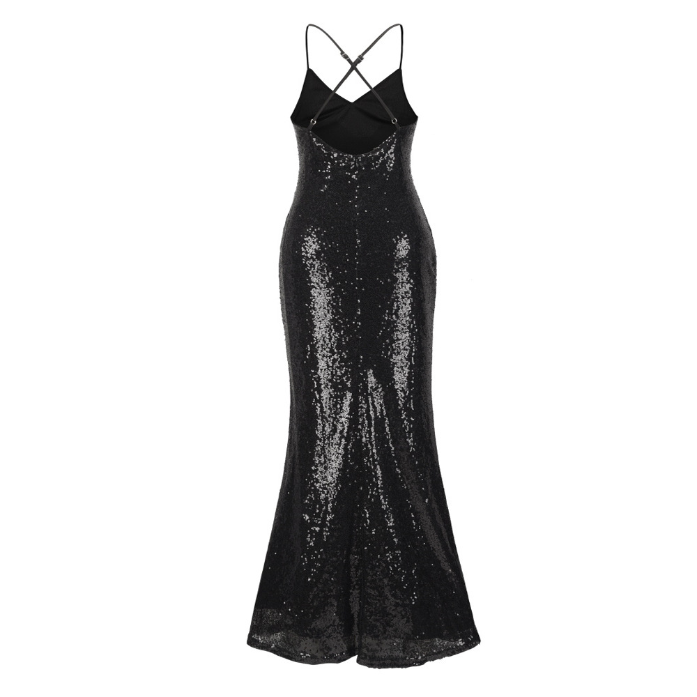 SZ60256-2 Black Sequin Cross Back Fishtail Maxi Dress